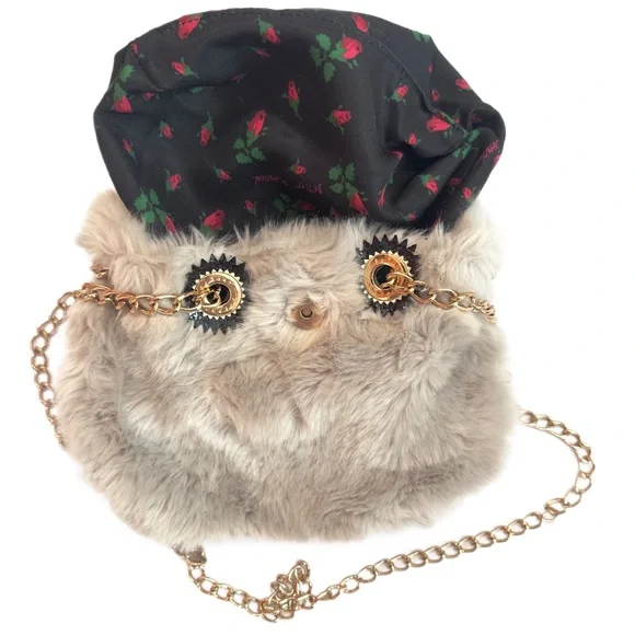 BETSEY JOHNSON ~ Chic Faux Fur Chain Bag Gray/Gold Owl Design Magnetic Closure - Picture 8 of 11